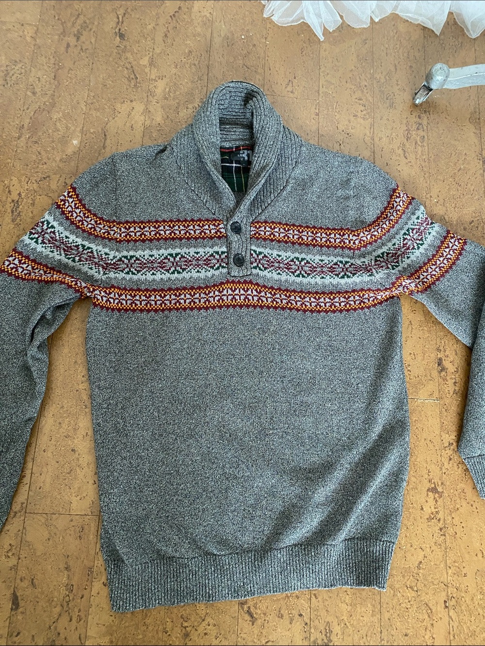 Simons Gray Shawl Ribbed Collar Sweater with Fair Isle Yoke Buttons Size L